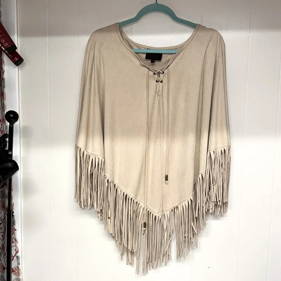 French Blue Fringed Faux Suede Shawl Light Tan Womens Xl - Picture 1 of 5
